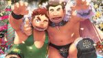  2boys abs arm_behind_back bara bare_pectorals black_male_underwear blush brown_hair christmas_ornaments christmas_present christmas_star christmas_tree closed_eyes confetti gift long_sideburns looking_at_viewer male_focus male_underwear multiple_boys muscular muscular_male official_art one_eye_closed open_mouth pectorals plump redmoons ryota_(housamo) short_hair sideburns smile sol_(f-kare) thick_eyebrows thighs tokyo_afterschool_summoners underwear wrestling_outfit wrestling_ring 