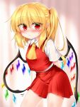  1girl ascot bangs blonde_hair blurry blurry_background blush breasts buttons closed_mouth collared_shirt crystal eyebrows_visible_through_hair eyes_visible_through_hair flandre_scarlet hair_between_eyes hair_ornament highres jewelry looking_at_viewer marukyuu_ameya medium_breasts medium_hair multicolored_wings no_hat no_headwear one_side_up pointy_ears red_eyes red_skirt red_vest shirt short_hair short_sleeves skirt solo standing touhou vest white_shirt white_sleeves wings yellow_ascot 