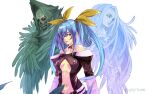  1girl absurdres angel_wings artist_name asymmetrical_wings bare_shoulders belt blue_hair breasts center_opening collarbone dizzy_(guilty_gear) feathers glowing glowing_eye guilty_gear guilty_gear_x guilty_gear_xx hair_ribbon highres large_breasts long_hair long_sleeves looking_at_viewer looking_to_the_side low_twintails midriff navel necro_(guilty_gear) parted_lips red_eyes ribbon solo standing stomach tsuna_(akmu8832) twintails undine_(guilty_gear) white_background wings yellow_eyes yellow_ribbon 