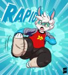  2021 anthro blue_body bottomwear clothing hi_res jacket joaoppereiraus kick lagomorph leporid male mammal motion_blur open_mouth pants plantigrade rabbit rapid_(kazecat) shirt solo topwear visor 