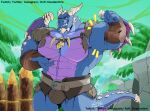  2022 abs activision anthro arm_wraps armor barazoku belt biceps big_muscles bubba_(spyro) bulge cape claws clothing deadanthro dragon emanata eyebrows fence flexing hi_res horn huge_muscles leaf looking_at_viewer male muscular muscular_anthro muscular_male narrowed_eyes obliques outside pecs plant rock scalie sharp_teeth signature smile smirk solo spyro_the_dragon standing teeth text thick_thighs tree unconvincing_armor url video_games wings wraps 