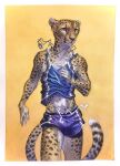  action_pose anthro athletic bottomwear cheetah clothing dog_tags felid feline gym_bottomwear gym_clothing gym_shorts hi_res luikatje male mammal painting_(artwork) pose running shirt shorts solo tank_top topwear traditional_media_(artwork) watercolor_(artwork) yellow_eyes 