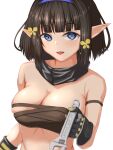  1girl :d arknights bandeau bangs bare_shoulders black_gloves black_hair blue_eyes blue_hairband breasts cleavage commentary_request eunectes_(arknights) eyebrows_visible_through_hair gloves hairband highres holding holding_wrench ikutachi large_breasts looking_at_viewer midriff partial_commentary pointy_ears short_hair simple_background smile solo strapless tube_top upper_body white_background wrench 