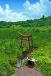  blue_sky cloud cloudy_sky day grass mountain no_humans original outdoors scenery signature sky suupii torii tree wetland 