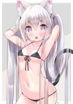  1girl animal_ear_fluff animal_ears armpits arms_behind_head arms_up bikini black_bikini breasts cat_ears cat_girl cat_tail hands_in_hair highres long_hair looking_at_viewer navel open_mouth original pink_eyes silver_hair siragagaga small_breasts solo swimsuit tail twintails very_long_hair 