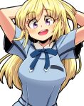  1girl adjusting_hair aono3 arms_behind_head arms_up blonde_hair blue_shirt blush breasts character_request copyright_request eyebrows_visible_through_hair highres large_breasts looking_at_viewer open_mouth purple_eyes shirt short_sleeves smile solo taut_clothes taut_shirt teeth upper_teeth 