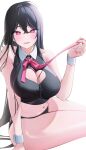  1girl absurdres bare_shoulders black_hair bow bowtie breasts cleavage cleavage_cutout clothing_cutout collar crop_top highres i large_breasts long_hair looking_at_viewer navel original panties pink_eyes seoyul sitting sleeve_cuffs solo thick_thighs thighs underwear 