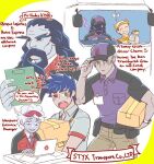  6+boys ^_^ alternate_universe astraea_f baseball_cap black_hair black_sclera charon_(hades) clipboard closed_eyes collared_shirt colored_sclera computer contemporary eating english_text facial_hair green_eyes ground_vehicle gyro hades_(game) hades_(hades) hat hermes_(hades) heterochromia hypnos_(hades) laptop male_focus mismatched_sclera motor_vehicle multiple_boys mustache necktie open_mouth package red_eyes shirt smile thanatos_(hades) truck white_hair winged_hat yellow_eyes zagreus_(hades) 