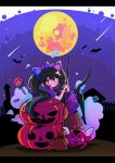  1girl absurdres ashley_(warioware) black_hair black_legwear character_request closed_mouth expressionless eyebrows_visible_through_hair halloween highres long_hair looking_at_viewer moon night pantyhose pleated_skirt purple_skirt red_eyes s2offbeat skirt twintails warioware 