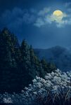  cloud cloudy_sky grass moon mountain night no_humans original outdoors scenery signature sky susuki_grass suupii tree 