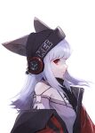  1girl animal_ears arknights backlighting bangs black_headwear black_neckwear commentary_request detached_sleeves e-bushi ears_through_headwear fox_ears from_side frostleaf_(arknights) grey_shirt hair_lift headphones_over_headwear highres jacket long_hair long_sleeves looking_at_viewer off-shoulder_shirt off_shoulder oripathy_lesion_(arknights) oversized_clothes parted_lips profile red_eyes red_jacket scarf shirt sidelocks simple_background solo white_background white_hair woollen_cap 