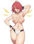  1girl :d absurdres arknights arm_behind_head armpits bangs bare_arms bare_shoulders breasts commentary_request cropped_legs exusiai_(arknights) hair_over_one_eye halo hanenosaki highres large_breasts looking_at_viewer midriff navel nipples red_hair short_hair simple_background smile solo sports_bra standing stomach thick_thighs thighs topless white_background yellow_eyes 