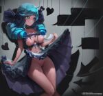  1girl absurdres artist_name bangs black_bow black_dress blue_eyes bow breasts clothes_lift dress dress_lift drill_hair feathers grey_background grey_dress gwen_(league_of_legends) hair_bow heart highres holding holding_feather lactation large_breasts league_of_legends long_hair navel nipples oh-yeeeeeah parted_lips pink_eyes pussy shiny shiny_skin solo teeth torn_clothes torn_dress twin_drills web_address 