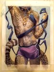  anthro bottomwear cheetah clothed clothing collar felid feline gym_bottomwear gym_clothing gym_shorts hi_res leash luikatje male mammal painting_(artwork) shorts solo topless traditional_media_(artwork) watercolor_(artwork) 