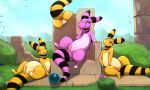 2021 absurd_res ampharos anus blue_eyes butt clitoris detailed_background digital_media_(artwork) eyelashes female genitals group hi_res long_tail metalisk nintendo outside pink_body plump_labia pok&eacute;mon pok&eacute;mon_(species) presenting presenting_hindquarters presenting_pussy pussy smile smirk spread_legs spreading thick_tail tongue tongue_out video_games yellow_body 