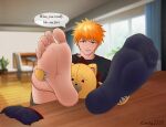  3_fingers 5_toes absurd_res anthro barefoot black_clothing bleach_(series) blush bodily_fluids claws clothing day dialogue duo feet feet_on_table feet_up felid fingers foot_fetish foot_focus foot_lick foot_play footwear greta7777 hi_res human ichigo_kurosaki inside kon kon_(bleach) licking lion male male/male mammal one_sock pantherine plushie socks soles speech_bubble sweat toes tongue tongue_out 