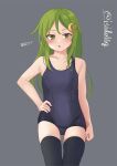  1girl black_legwear blue_swimsuit crescent crescent_hair_ornament crescent_pin flat_chest gradient gradient_background green_eyes green_hair grey_background hair_between_eyes hair_ornament hand_on_hip highres ishida_arata kantai_collection long_hair nagatsuki_(kancolle) old_school_swimsuit open_mouth school_swimsuit solo swimsuit thighhighs twitter_username 