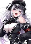  1girl absurdres azur_lane black_corset black_dress black_headwear black_ribbon blush breasts clothing_cutout collared_dress corset cross dress elbe_(azur_lane) eyebrows_behind_hair fang frilled_dress frills hair_between_eyes hair_ribbon hand_on_hip hand_on_own_chest hat highres iron_cross large_breasts layered_dress leotard looking_at_viewer multicolored_hair open_mouth peaked_cap purple_eyes red_armband ribbon shimofuji_jun shoulder_cutout skin_fang smile solo streaked_hair twintails underboob_cutout upper_body white_hair white_leotard 