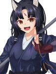  1girl :d animal_ears arknights bangs beads black_hair blue_kimono brown_eyes commentary dog_ears facial_mark forehead_mark hand_up highres ikutachi japanese_clothes kimono looking_at_viewer prayer_beads saga_(arknights) simple_background smile solo upper_body white_background 