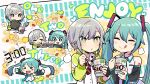  2girls :3 :o :q ^_^ bangs black_sleeves black_slime blue_eyes blue_hair blue_nails blue_necktie blush chibi closed_eyes closed_mouth commentary_request cup_noodle cup_ramen detached_sleeves green_eyes grey_hair grey_shirt hatsune_miku highres hinomori_shiho long_hair long_sleeves mago multiple_girls necktie official_art project_sekai shirt short_hair sidelocks tongue tongue_out twintails very_long_hair vocaloid 