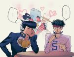  ... 4boys blush closed_eyes crazy_diamond cup diamond_wa_kudakenai earrings gakuran green_hair headband heart heaven&#039;s_door higashikata_josuke highres indirect_kiss jewelry jojo4_hd jojo_no_kimyou_na_bouken kishibe_rohan kiss multiple_boys pompadour puckered_lips purple_hair school_uniform stand_(jojo) teacup yaoi 