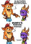  activision anthro bandicoot belt bottomwear clothed clothing crash_bandicoot crash_bandicoot_(series) crossover dialogue digital_media_(artwork) dragon duo eye_contact fangs feral fingerless_gloves fingers fur gloves hair handwear hi_res horn inner_ear_fluff looking_at_another male mammal marsupial melthehoneybee membrane_(anatomy) narrowed_eyes neck_ribbon open_mouth open_smile orange_body orange_fur pants purple_body purple_eyes purple_scales scales scalie simple_background smile spikes spyro spyro_the_dragon teeth tongue tuft video_games western_dragon 