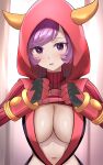  1girl absurdres bangs blush breasts clothes_lift commentary_request courtney_(pokemon) enishi96 eyelashes fake_horns gloves hands_up highres hood hood_up horns looking_at_viewer open_mouth pokemon pokemon_(game) pokemon_oras purple_eyes purple_hair red_sweater ribbed_sweater shiny shiny_hair shiny_skin short_hair solo sweater sweater_lift swept_bangs upper_body 