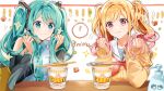  2girls :3 absurdres aqua_eyes aqua_hair aqua_necktie bangs bare_shoulders black_sleeves blonde_hair chopsticks closed_mouth commentary_request cup_noodle cup_ramen detached_sleeves excited fork gradient_hair hatsune_miku headphones headset highres holding holding_hair kettle long_hair long_sleeves microphone multicolored_hair multiple_girls murakami_yuichi necktie official_art pink_hair project_sekai shirt sidelocks soap sparkle table tenma_saki twintails very_long_hair vocaloid white_shirt yellow_eyes 
