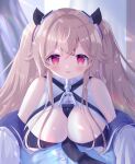  1girl :d absurdres anchorage_(azur_lane) azur_lane bangs bare_shoulders between_breasts blue_shirt blush breasts brown_hair cleavage commentary_request eyebrows_visible_through_hair hair_between_eyes headgear highres jacket large_breasts long_hair looking_at_viewer off_shoulder open_clothes open_jacket red_eyes shirt siera_(sieracitrus) smile solo_focus twintails white_jacket 