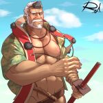  1boy abs bara bare_pectorals beard facial_hair green_kimono hogen_(housamo) holding holding_sword holding_weapon japanese_clothes kimono large_pectorals looking_at_viewer male_focus mature_male muscular muscular_male mustache navel nipples old old_man open_clothes open_kimono out-of-frame_censoring pectorals reclamon short_hair sky solo sword tokyo_afterschool_summoners upper_body weapon 