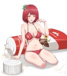  1girl absurdres breasts cleavage condensed_milk cum facial food-themed_hair_ornament food_print full_body hair_ornament half-closed_eyes highres navel original personification red_eyes red_hair simple_background sitting solo strawberry_hair_ornament strawberry_print suggestive_fluid tongue tuskryo white_background 