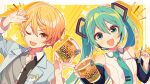  1boy 1girl 4_(nakajima4423) :d bangs bare_shoulders black_shirt blonde_hair blue_eyes blue_hair blue_jacket blue_nails blue_necktie commentary_request cup cup_noodle cup_ramen detached_sleeves fork grey_shirt hatsune_miku headphones headset highres holding holding_cup holding_fork jacket long_hair long_sleeves looking_at_viewer microphone necktie number_tattoo official_art one_eye_closed project_sekai shirt smile tattoo tenma_tsukasa twintails two-tone_shirt upper_body v-shaped_eyebrows very_long_hair vocaloid white_shirt yellow_eyes 