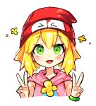  1girl absurdres amitie_(puyopuyo) blonde_hair blush bracelet collarbone double_v eyebrows_visible_through_hair green_eyes highres jewelry looking_at_viewer open_mouth puyopuyo red_headwear s2offbeat short_hair smile solo upper_body v 