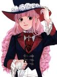  1girl 4myaku1 ascot bangs black_eyes breasts curly_hair european_clothes hat highres holding holding_umbrella large_hat lipstick long_hair looking_at_viewer makeup one_piece perona pink_hair red_ascot smile solo umbrella upper_body 
