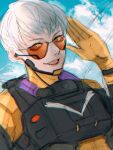  1girl apex_legends bangs bodysuit brown_eyes cloud grey_hair headset highres looking_at_viewer open_mouth orange_bodysuit portrait salute short_hair sketch sky smile solo sparkle sunglasses tama_(ponz3o1) unfinished valkyrie_(apex_legends) 