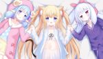  3girls :d animal_ear_fluff animal_ears bed_sheet blonde_hair blue_eyes blue_hair blue_tank_top blush bow cat_ears cat_girl cat_tail closed_mouth collarbone commentary_request fur-trimmed_jacket fur_trim hair_ribbon highres holding_hands hood hood_up horns horns_through_headwear interlocked_fingers jacket long_hair long_sleeves looking_at_viewer lying multiple_girls navel on_back open_clothes open_jacket original pajamas pants pink_jacket pleated_skirt polka_dot purple_eyes purple_pajamas purple_pants purple_shirt rabbit_ears red_bow red_eyes red_ribbon ribbon sheep_ears sheep_girl sheep_horns shirt siera_(sieracitrus) silver_hair skirt smile tail tank_top two_side_up very_long_hair white_jacket white_skirt yellow_shirt 