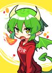  1girl blush draco_centauros dragon_girl dragon_horns dragon_tail dragon_wings eyebrows_visible_through_hair fang fire green_hair highres hood hoodie horns looking_at_viewer open_mouth puyopuyo red_hoodie s2offbeat short_hair solo tail translation_request wings yellow_eyes 