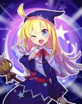  1girl absurdres ahoge blonde_hair blue_eyes blush broom broom_riding eyebrows_visible_through_hair highres long_hair long_sleeves looking_at_viewer one_eye_closed open_mouth puyopuyo s2offbeat sitting smile solo very_long_hair witch_(puyopuyo) 