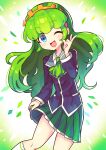  1girl absurdres blue_eyes blush ess_(puyopuyo) eyebrows_visible_through_hair green_hair green_skirt highres kneehighs long_hair long_sleeves looking_at_viewer one_eye_closed open_mouth pleated_skirt puyopuyo s2offbeat skirt smile solo v white_legwear 