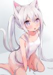 1girl animal_ear_fluff animal_ears breasts cat_ears cat_girl cat_tail highres long_hair one-piece_swimsuit open_mouth original pink_eyes school_swimsuit silver_hair siragagaga sitting small_breasts solo strap_slip swimsuit tail thighs twintails very_long_hair white_swimsuit 