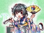  1girl artist_logo black_hair blue_kimono closed_fan commentary_request cowboy_shot folding_fan hair_ornament hairclip hand_fan japanese_clothes jingei_(kancolle) kantai_collection kimono kutone_shirika long_hair looking_at_viewer official_alternate_costume red_eyes sandals short_hair solo standing standing_on_one_leg tabi tied_hair water 