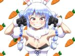  1girl animal_ears aono3 black_gloves blue_hair blush braid breasts bunny-shaped_pupils cleavage eyebrows_visible_through_hair gloves grin highres hololive large_breasts long_hair looking_at_viewer parted_lips rabbit_ears rabbit_girl red_eyes smile solo symbol-shaped_pupils teeth twin_braids upper_body usada_pekora virtual_youtuber white_hair 