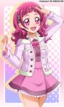  breasts cowboy_shot dress frills fur_collar hanzou highres hugtto!_precure jacket long_sleeves medium_breasts multicolored_background nono_hana open_mouth pink_background pink_dress pink_eyes pink_hair pink_jacket precure purple_background small_breasts thick_eyelashes 