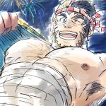  1boy :d armpit_hair bara beard blush chest_hair covered_abs facial_hair fireworks hachimaki headband katoributa_a large_pectorals long_sideburns looking_at_viewer male_focus mature_male midriff_sarashi muscular muscular_male nejiri_hachimaki nipples one_eye_closed pectoral_focus pectorals sarashi short_hair sideburns sketch smile solo tajikarao_(housamo) thick_eyebrows tokyo_afterschool_summoners topless_male tusks upper_body 