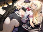 1girl assault_rifle bandage_over_one_eye bandages black_gloves black_neckwear blonde_hair blue_eyes bow bowtie breasts bunny_hair_ornament choker feet_out_of_frame gloves gun hair_ornament highres holding holding_bandages hukahire0120 leg_up long_hair looking_at_viewer lying on_back original parted_lips pleated_skirt red_bow red_bowtie red_neckwear rifle school_uniform shirt short_sleeves skirt small_breasts straight_hair teeth thighhighs weapon white_legwear white_shirt 