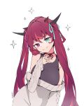  1girl absurdres bare_shoulders blouse bow breasts choker clothes_lift demon_girl demon_horns hair_ornament hair_ribbon heterochromia highres hololive hololive_english horns irys_(hololive) long_hair looking_at_viewer medium_breasts multicolored_hair nail_polish namii_(namialus_m) pointy_ears red_blouse red_hair ribbon signature simple_background smile solo sparkle star_(symbol) sweater sweater_lift twintails very_long_hair virtual_youtuber white_background 