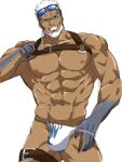  1boy abs aegir_(housamo) aqua_hair bad_id bad_twitter_id bara bare_pectorals beard blue_eyes bulge chest_harness chikuwa_(trtrtkb) clothes_pull dark-skinned_male dark_skin earrings facial_hair feet_out_of_frame harness jewelry large_pectorals leg_belt male_focus male_swimwear mature_male multicolored_hair muscular muscular_male navel nipples pectorals pulled_by_self seductive_smile short_hair single_earring smile solo stomach streaked_hair swim_briefs swimsuit_pull thick_thighs thighs tokyo_afterschool_summoners white_hair 