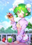  1girl absurdres blush cake cake_slice cup day draco_centauros dragon_girl dragon_horns dragon_tail dragon_wings drinking_glass drinking_straw eyebrows_visible_through_hair fang food green_hair highres horns long_sleeves looking_at_viewer open_mouth outdoors plate pointy_ears puyopuyo s2offbeat short_hair smile solo table tail wings yellow_eyes 