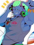  1boy animal_ear_request bara blue_fur character_request crow_(siranui) furry furry_male green_eyes green_hair grey_tank_top headphones highres large_pectorals male_focus medium_hair muscular muscular_male pectoral_cleavage pectorals pointing pointing_up sidepec solo tank_top tokyo_afterschool_summoners upper_body 