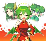  1boy 2girls absurdres blue_eyes blush breasts china_dress chinese_clothes detached_sleeves draco_centauros dragon_girl dragon_horns dragon_tail dragon_wings dress eyebrows_visible_through_hair fang green_hair highres horns large_breasts lidelle_(puyopuyo) long_hair looking_at_viewer multiple_girls open_mouth pointy_ears puyopuyo red_dress red_eyes s2offbeat satan_(puyopuyo) short_hair smile tail wings yellow_eyes 